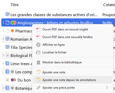 L'option "Ajouter une note depuis les annotations" s'affiche dans le menu contextuel d'un document, lorsque vous ajoutez des annotations au PDF qui lui est attaché