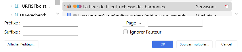 Options de personnalisation des citations dans la fenêtre classique d'ajout de citation