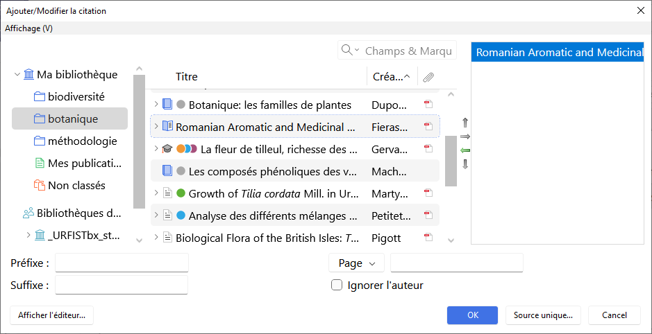 Vue "Sources multiples" dans la fenêtre classique d'ajout de citation