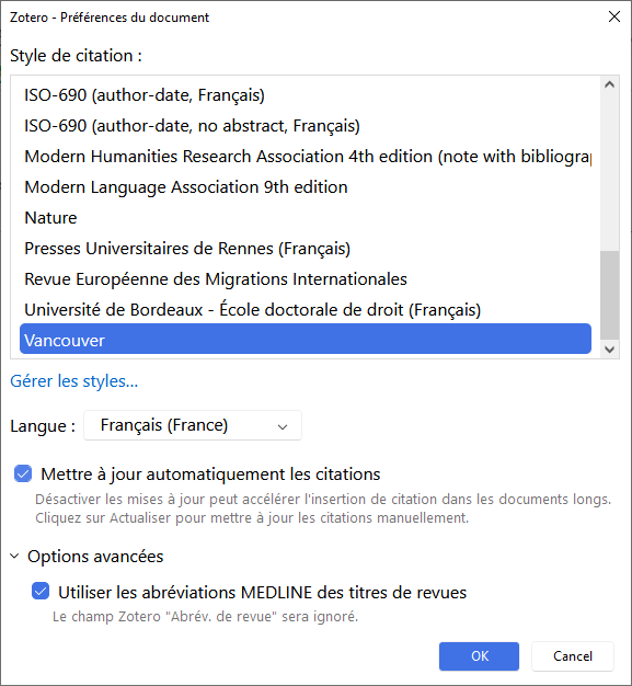 Fenêtre des préférences du document dans Google Docs