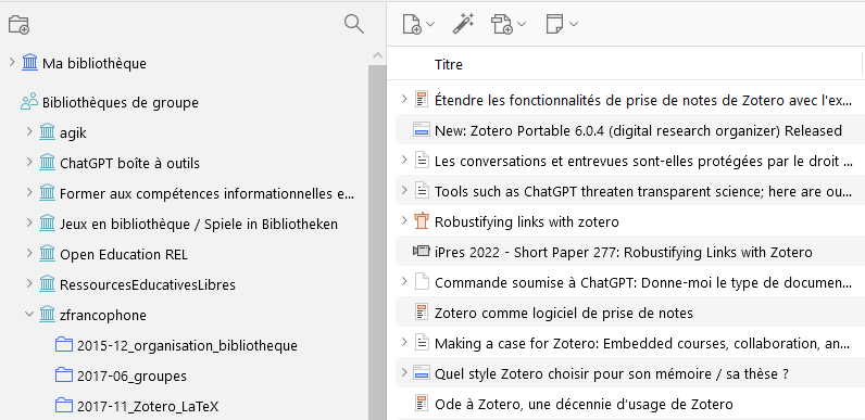 Affichage des bibliothèques de groupe en local dans le panneau de gauche de Zotero