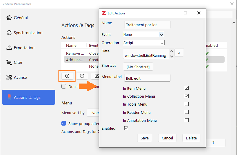 Exemple de la configuration d'une action utilisant le script Bulk Edit Multiple Items