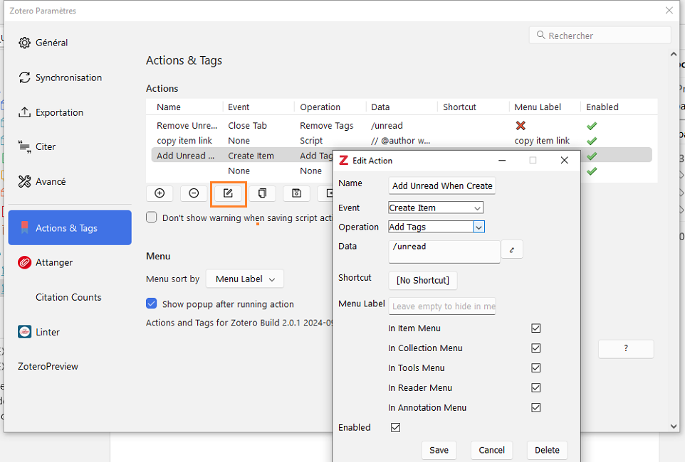 Fenêtres de paramétrage et de modification d'une action dans Actions & Tags