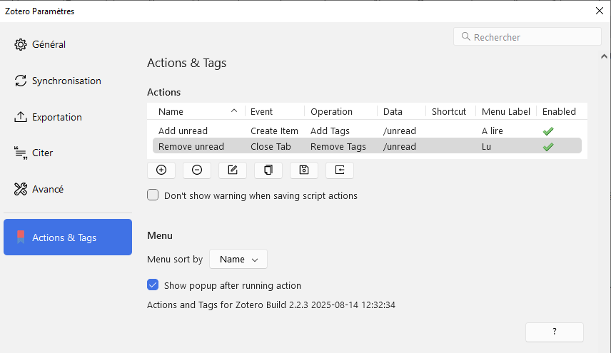 Gestionnaire des actions dans les préférences de Actions & Tags : focus sur les 2 actions pour ajouter et enlever le marqueur \unread