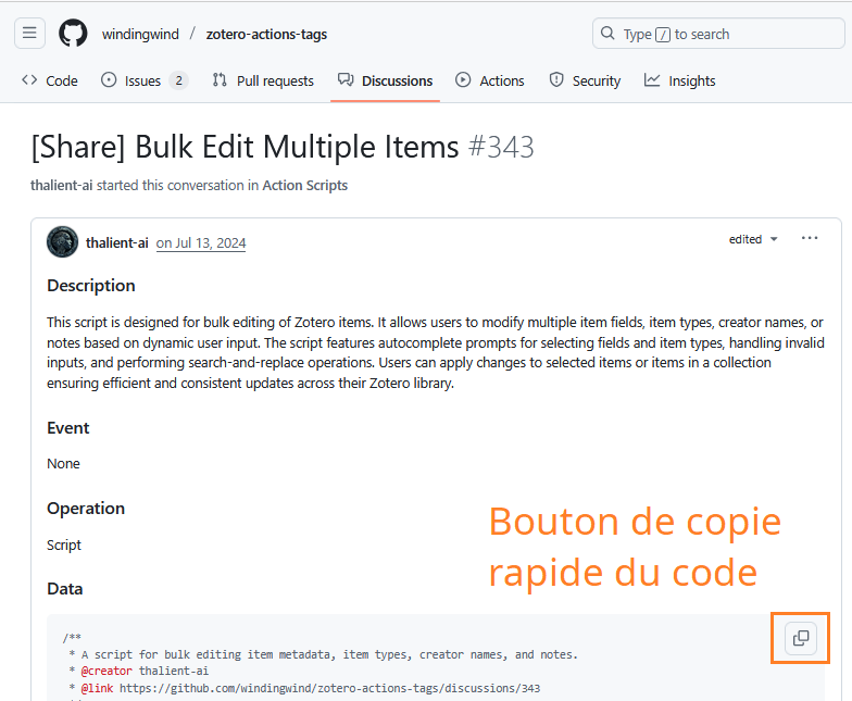 Page de la conversation dédiée au script Bulk Edit Multiple Items