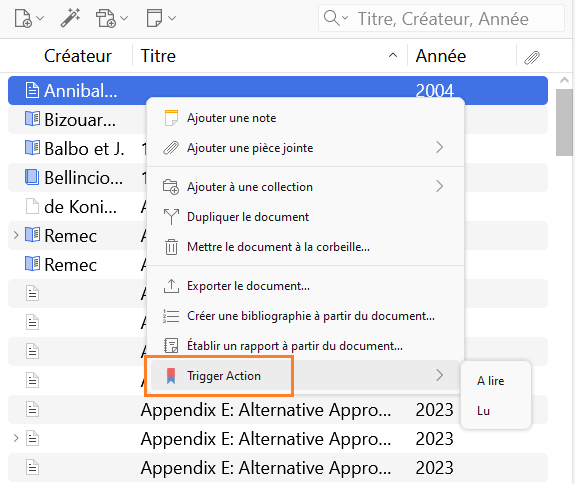Affichage de l'option Trigger Action dans le menu des documents