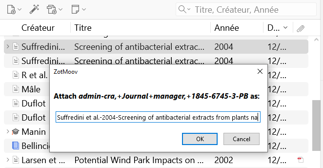 Message de confirmation pour attacher au document sélectionné le dernier fichier enregistré dans le dossier source