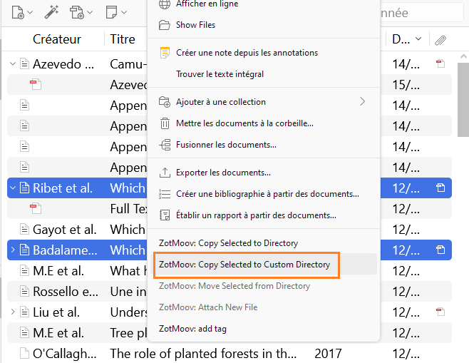 Menu contextuel de ZotMoov : choix d'un dossier cible personnalisé