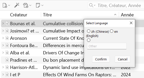Fenêtre de dialogue de Linter affichée lors de la sélection de l'option Manually Set Item Language