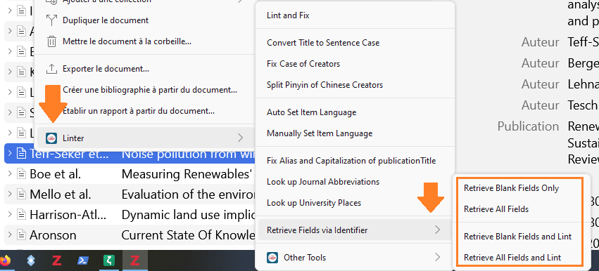 Sous-options de l'option Retrieve Fields via Indentifier dans le menu contextuel de Linter