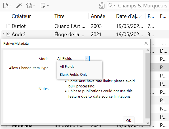 Fenêtre de dialogue de l'option "Retrieve metadata via identifier and lint", mettant en évdence les 2 modes de fonctionnement possible