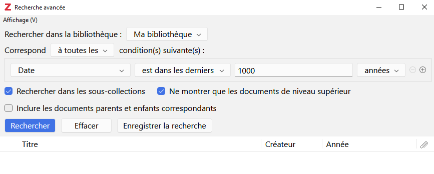 Fenêtre de création de la recherche enregistrée "1000 ans"