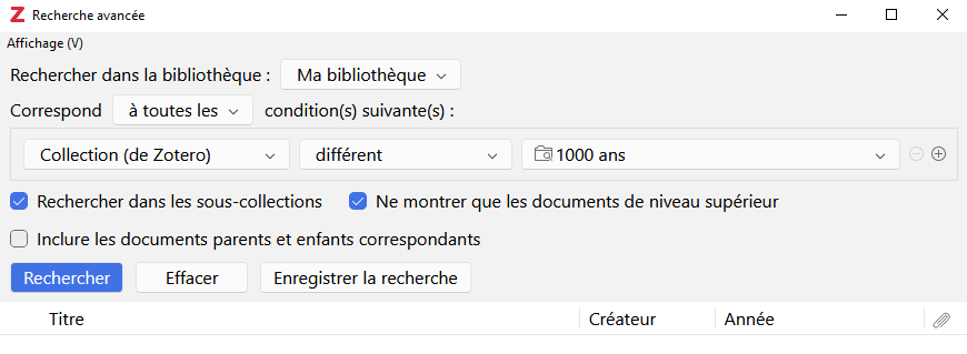 Fenêtre de création de la recherche enregistrée "sans date"