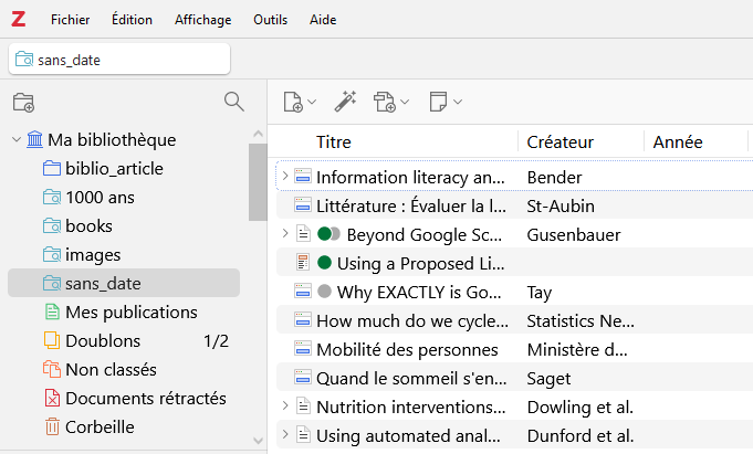 Affichage dans la bibliothèque Zotero des résultats répondant à la recherche enregistrée "sans date"