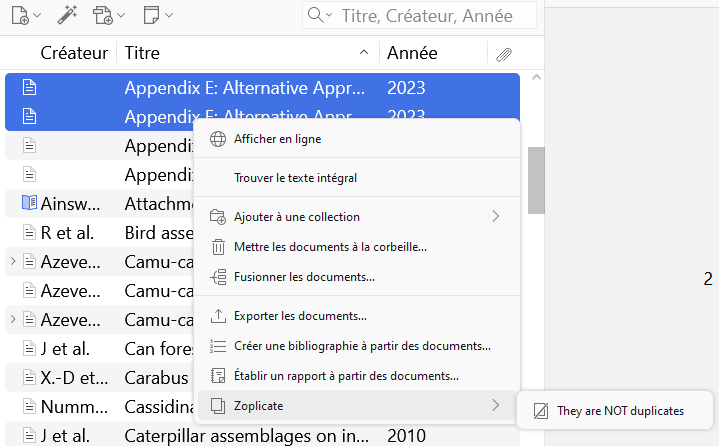Marquage des non doublons depuis le panneau central de Zotero