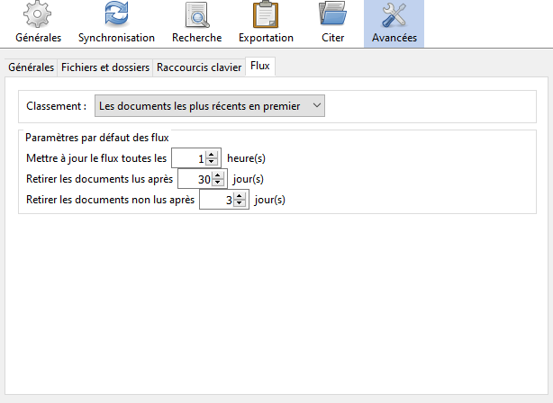 Onglet "Flux" du volet "Avancées" de la fenêtre des préférences