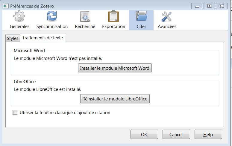 Onglet "Traitements de texte" du volet "Citer" des préférences de Zotero