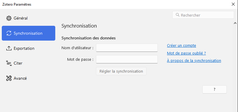 Fenêtre de paramétrage de la synchronisation : saisie du nom d'utilisateur et du mot de passe du compte Zotero à associer à l'instance locale