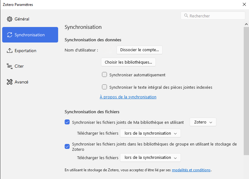 Présente l’ensemble des paramètres de synchronisation, une fois le compte utilisateur associé