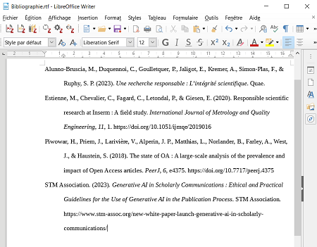 Aperçu d'une bibliographie dans un fichier au format .rtf