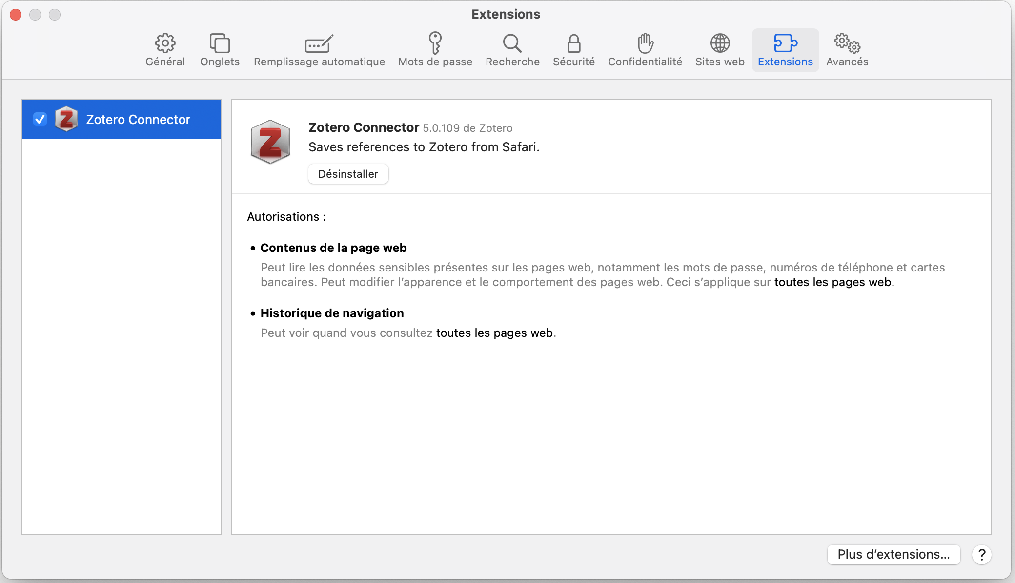 Le connecteur Zotero dans le gestionnaire d'extensions de Safari