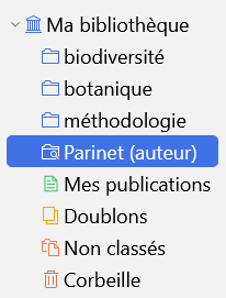 Recherche enregistrée, affichée dans le panneau de gauche de la fenêtre Zotero