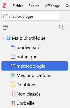 Sélection d'une collection dans le panneau de gauche de Zotero