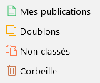 Les collections spéciales : mes publications, doublons, non classés et corbeille