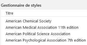 Liste des styles bibliographiques dans le gestionnaire de styles
