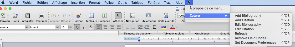 Commandes de l’extension Word de Zotero affiché sous l'entrée Zotero dans le menu AppleScript