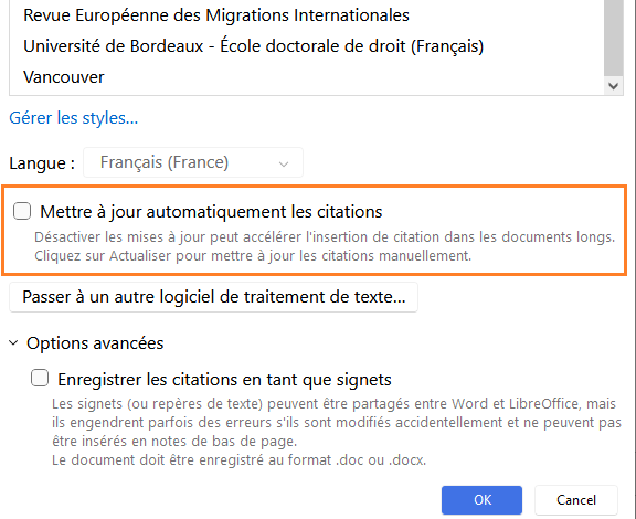 Case "Mise à jour automatique des citations" dans les préférences du document