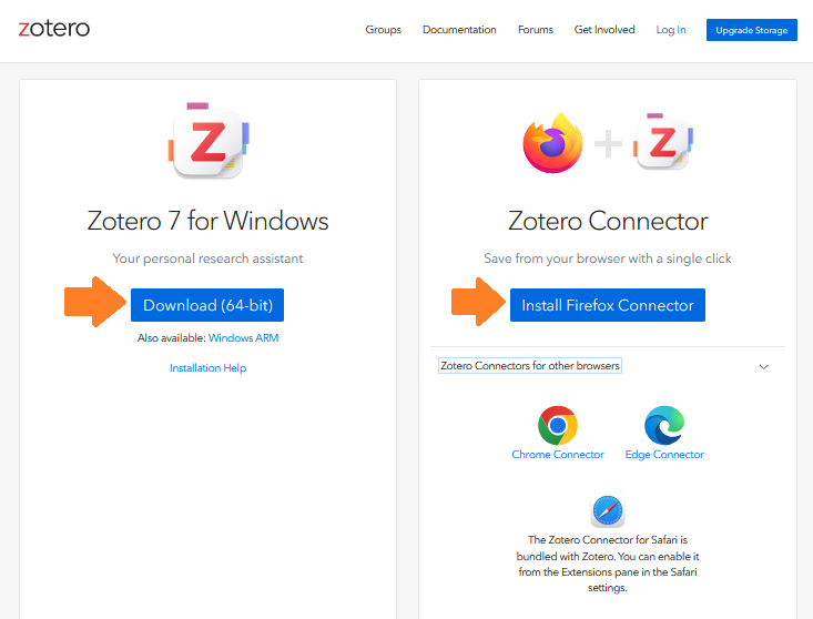 Page de téléchargement sur le site de Zotero, présentant les liens de téléchargement et d'installation de l'application Zotero et des connecteurs pour les différents navigateurs